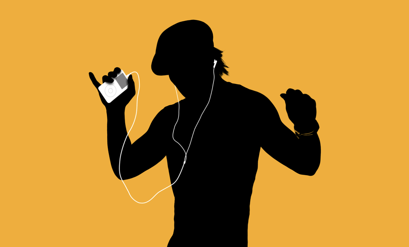 A black silouhette of a man dancing listening to an iPod against a gold-yellow backgroun