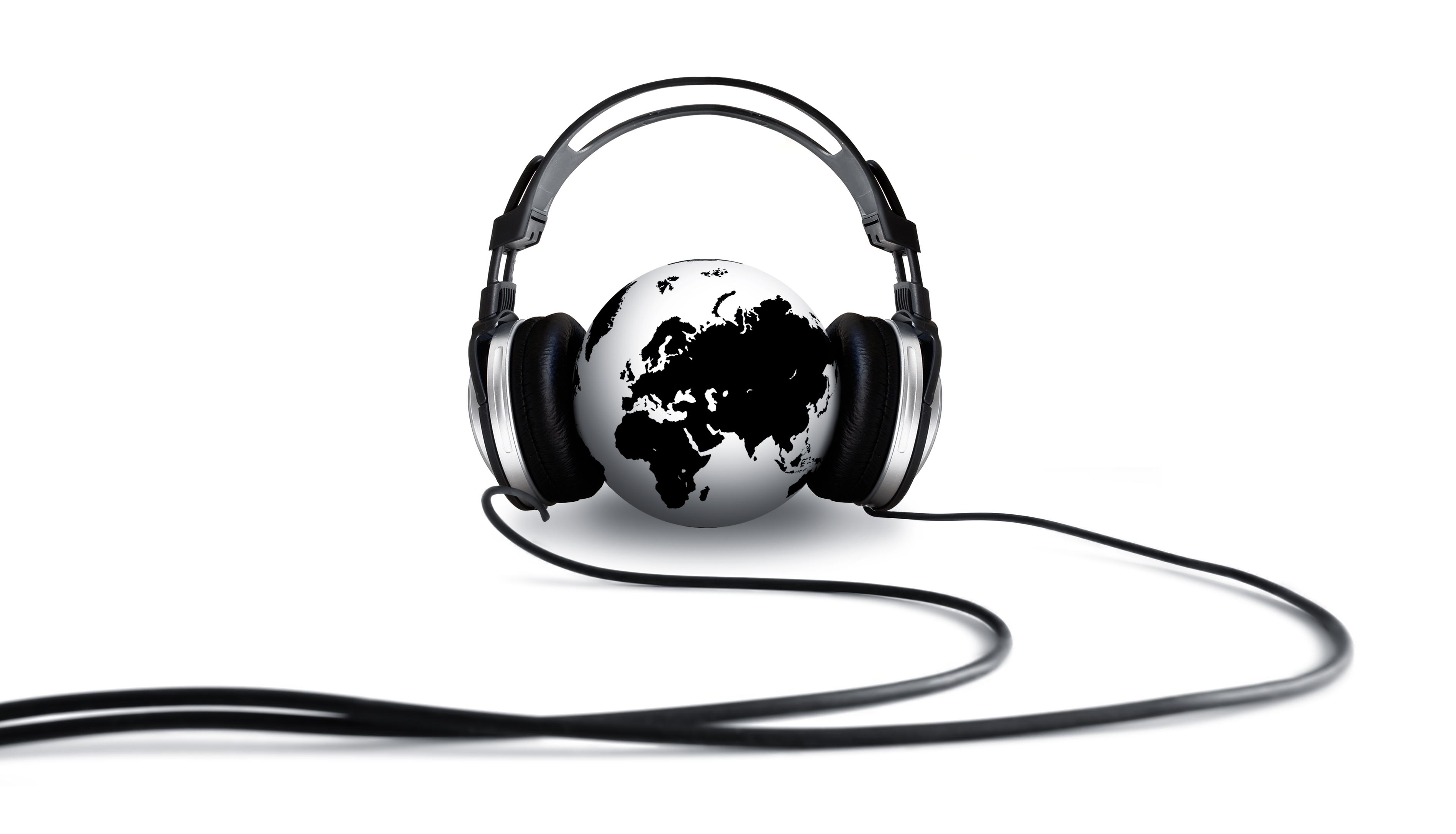 A pair of headphones wrapped around the globe